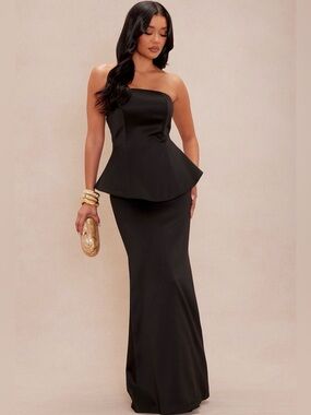 Strapless Black Peplum Kenny Satin Gown